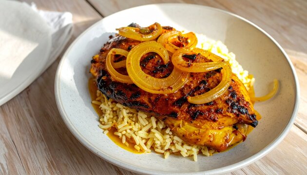 Senegalese Yassa Poulet Chicken in Onion-Lemon Sauce. Traditional African Food