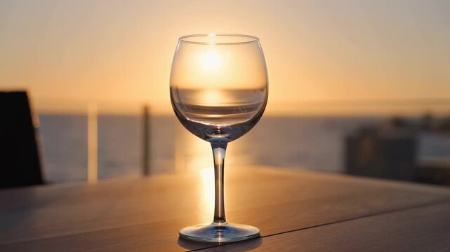 Slow dolly in shot of empty wine glass reflecting glowing sunset over ocean on seaside terrace wooden table