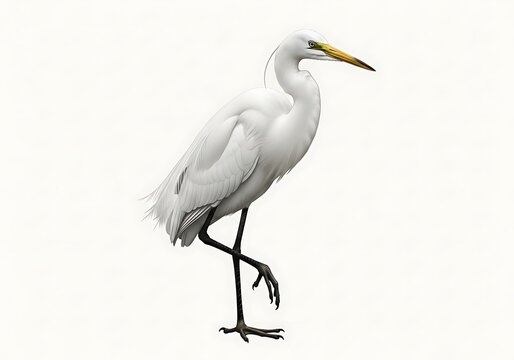 Elegant white heron bird standing gracefully with long legs and yellow beak against clean background