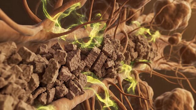 Detailed 3D CGI Macro Animation of a Fungal Spore Germinating and Releasing Mycelial Threads within a Humid Biological Environment