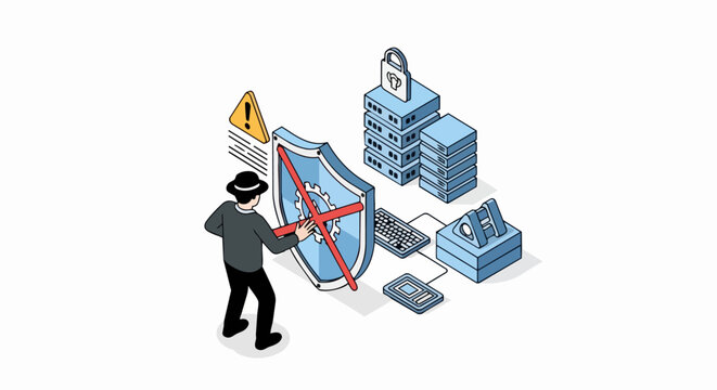 Cybersecurity Isometric Illustration: Hacker Attempting to Breach Server with Shield Protection and Data Security Icons