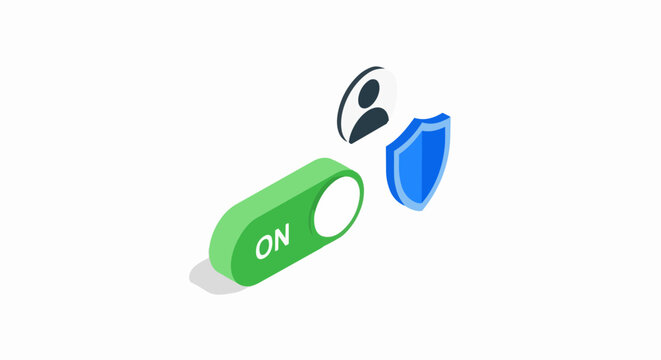 Isometric 3D Data Privacy and Cybersecurity Security Settings with Toggle Switch, User Profile, and Protective Shield