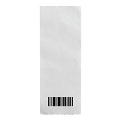 A blank white receipt paper with a black barcode printed at the bottom edge against a white...