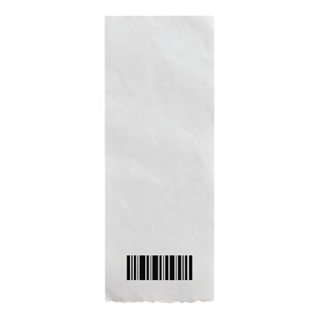 A blank white receipt paper with a black barcode printed at the bottom edge against a white background with subtle paper texture and slight crinkles visible on the surface