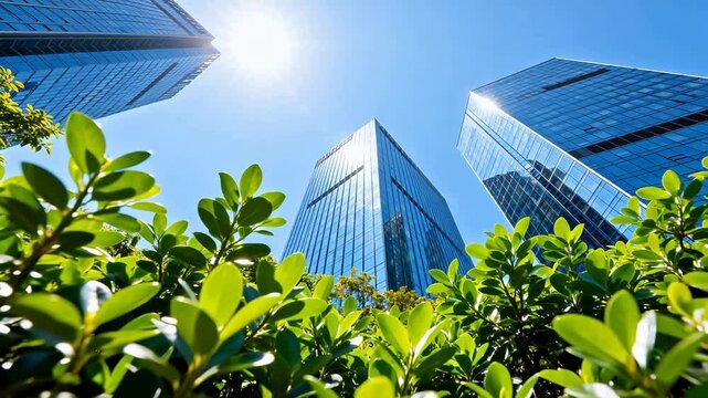 Tall glass buildings with green plants