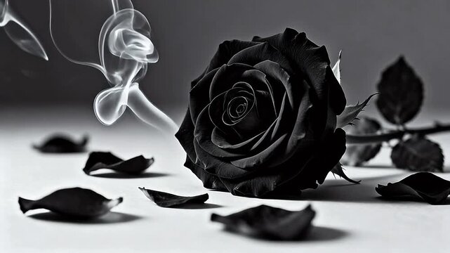 Black rose with smoke and petals