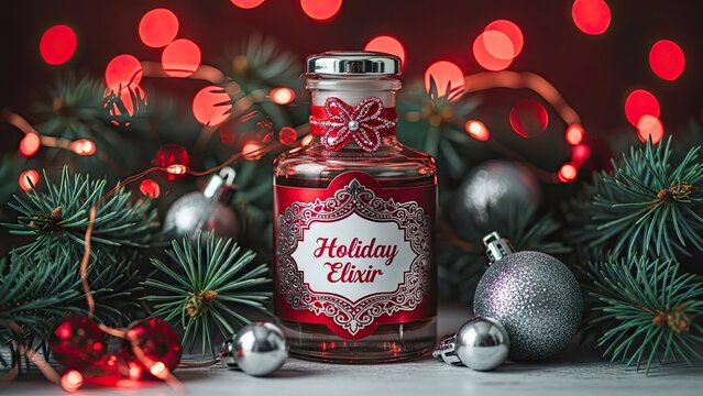 Festive elixir bottle surrounded by holiday decorations and bokeh lights