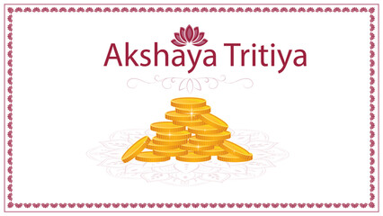 Fototapeta premium Akshaya Tritiya festival greeting background with golden coins, kalash, hanging lamps and floral decorations, red and gold traditional Indian design, auspicious Hindu celebration banner