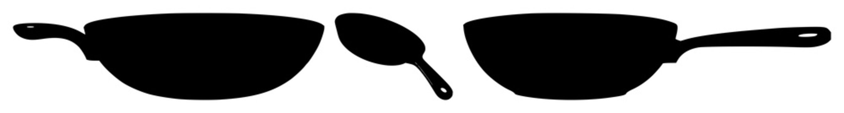 Frying pan set with black silhouette against clean white background featuring cookware, cooking, kitchen utensil with silhouette and minimalism