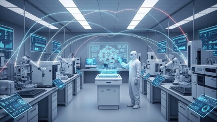 Obraz premium Futuristic laboratory with advanced technology and scientist in white uniform