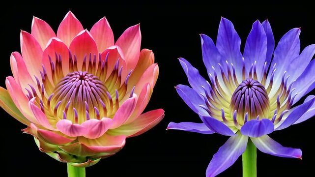Coral Pink Protea and Deep Indigo Anemone Blooming Time-Lapse on Black Background