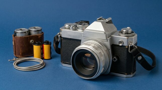 Vintage film camera with two 35mm rolls and cable release on blue background. Retro photography equipment for hobbyist. Old manual camera for professional photographer concept design.