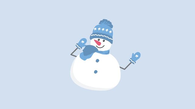Happy Snowman is Dancing. Christmas Animation. Funny Holiday Character in Blue Hat, Scarf, Gloves. Loop Video in Blue, White on Light Blue