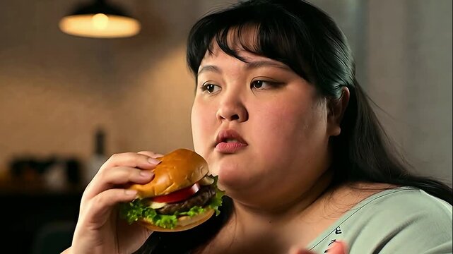 Plus size woman looking surprised before taking a large bite of a delicious hamburger for an unhealthy eating concept and guilty pleasure