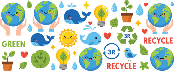 Naklejka premium Eco friendly sustainability icons set with recycling earth water energy plants and green environment elements vector illustration collection