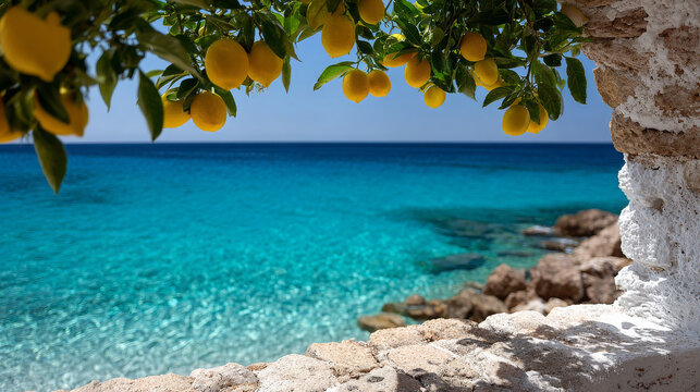 Coastal view with lemon tree branches over turquoise sea  