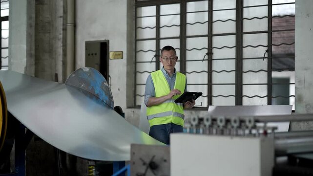 Factory worker in safety vest holding tablet while inspecting metal sheet in industrial workshop