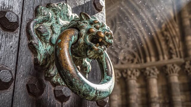 Close-up of ornate door knocker in a series of three frames