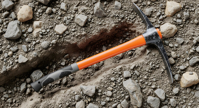 professional grade pickaxe on rocky ground | manual excavation and mining tools | heavy duty pick axe for construction work | industrial digging tool in a quarry setting