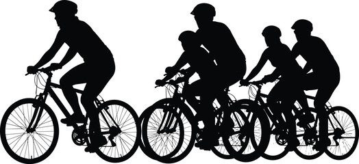 Naklejka premium Family Cycling Silhouette – Parents and Children Riding Bicycles, Outdoor Activity and Healthy Lifestyle Vector Illustration