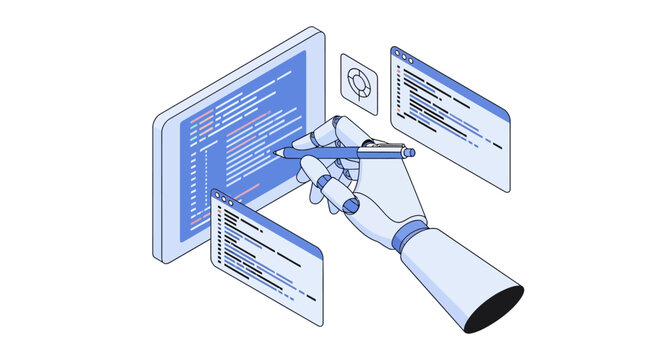 AI Coding and Software Development Isometric Illustration featuring a Robotic Hand Writing Program Code on a Tablet Screen with Floating UI Windows