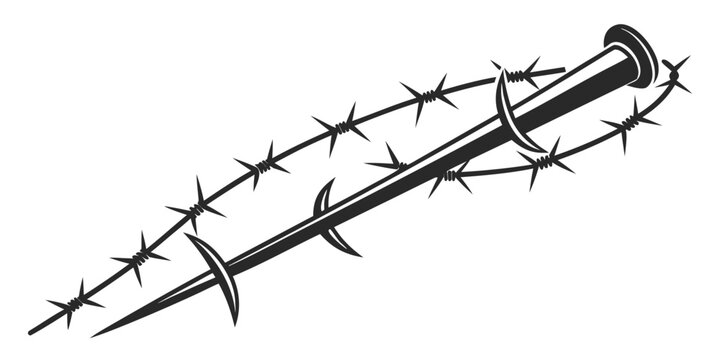 Barbed wire wrapped around a spike with sharp object metal spike black and white danger icon security icon protection icon security protection danger symbol territory boundary