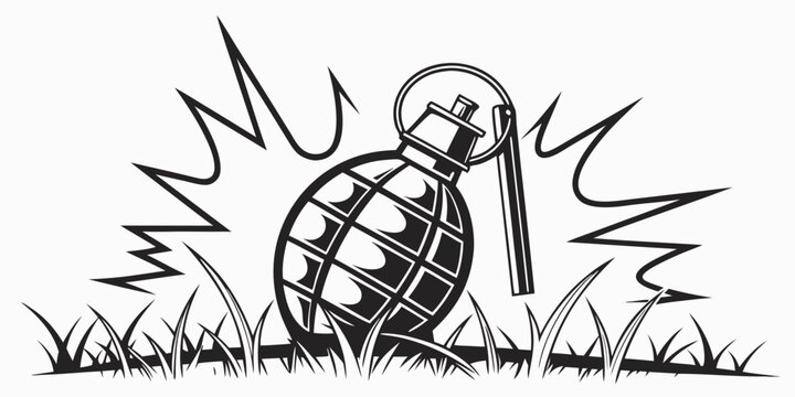 Black and white graphic illustration of a hand grenade lying in the grass with explosive military illustration isolated armaments tactical conflict detonator weaponry equipment