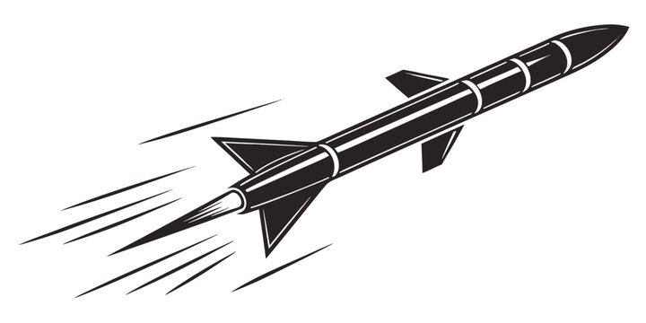 Black and white vector illustration of a military missile flying forward with motion lines missile system military projectile supersonic artillery ballistic illustration monochrome