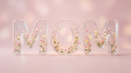 3D Glass Typography of MOM with Glowing Flowers Inside