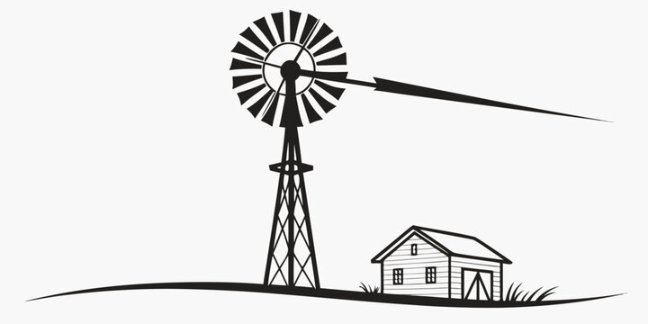 Simple graphic silhouette of a classic american farm windmill with a small barn on a horizon windmill agriculture silhouette monochrome countryside landscape building structure isolated