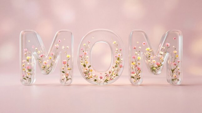 3D Glass Typography of MOM with Glowing Flowers Inside