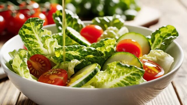Olive oil being drizzled from a glass bottle onto a fresh garden salad with lettuce, cucumber, and cherry tomatoes in a white ceramic bowl on a rustic wooden table background.