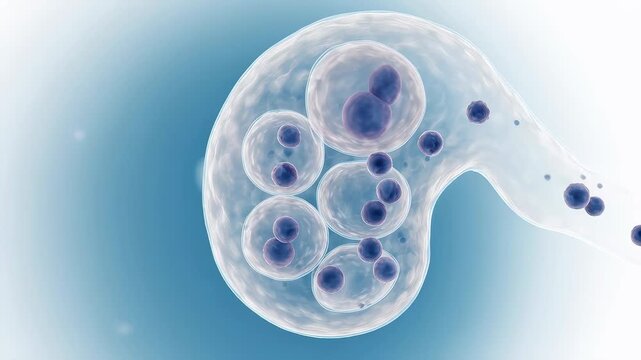 Cell division stages showing mitosis process within biological structure. Scientific observation of biological development, cellular growth and microscopic life cycle.