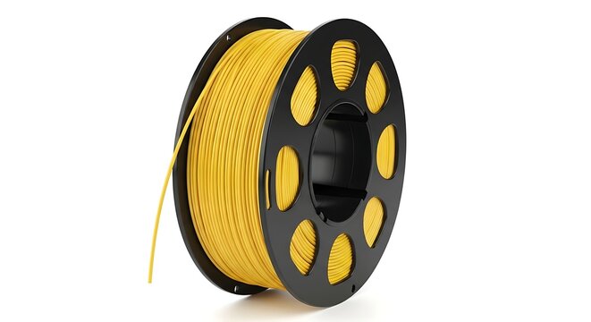 Black spool of yellow 3D printer filament on white background product shot
