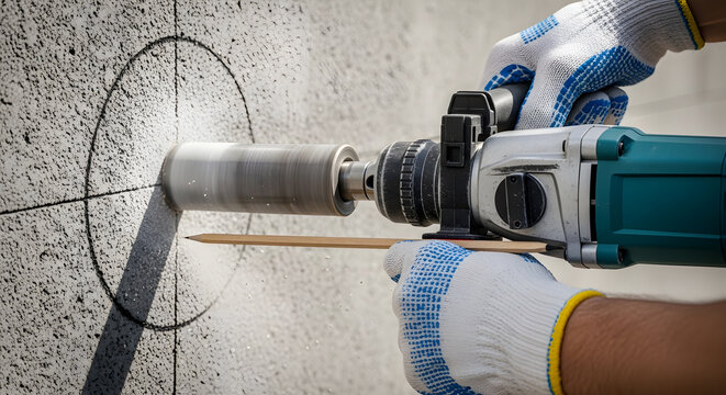 Diamond core drilling into concrete wall | Professional construction worker using heavy duty power drill | Hole saw cutting through stone for home renovation | Industrial masonry drilling tool