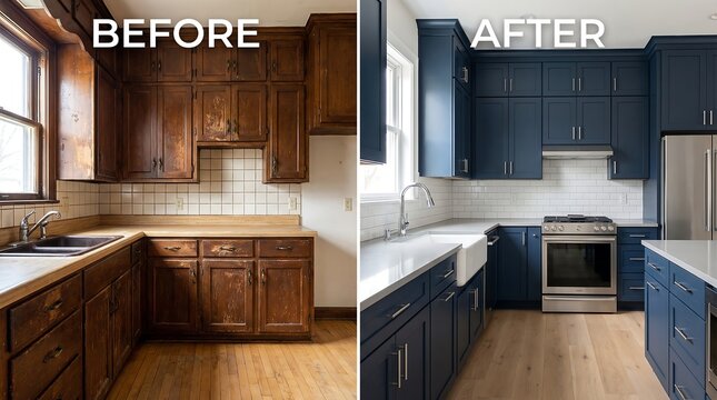 Dramatic kitchen transformation from dated wood to modern navy blue cabinets a stunning renovation showcase