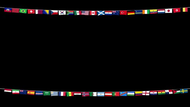 Flags of 48 countries hanging and swaying from two strings. Animation of the flags of the 48 countries selected for the FIFA World Cup 2026 flying in the wind.