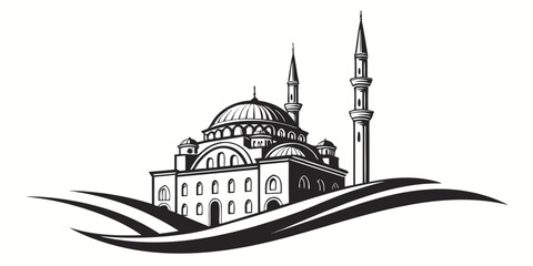 Black and white line art illustration of a traditional mosque architecture with domes and minarets architecture building religion tradition landmark religious spiritual illustration © Riya