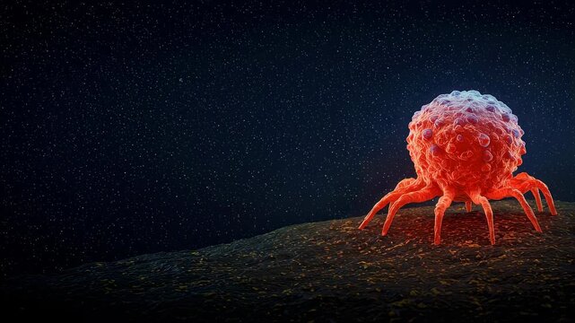 Cancer cell moving across biological tissue. Microscopic view of mutant malignancy. Oncological research exploring tumor growth and disease progression pathology.