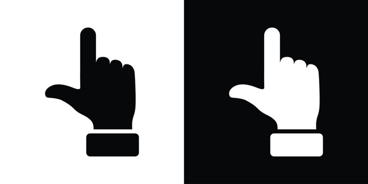 Minimalist black line art of index finger pointing up beside black square frame containing white inverted version. Clean vector duo for UI direction, selection, navigation icons in apps, websites. Sca