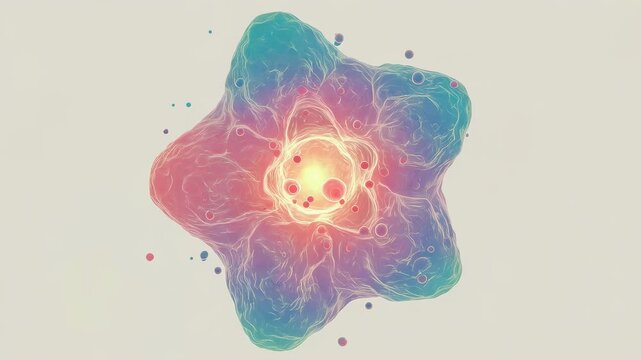 Cell division sequence showing biological mitosis process. Microscopic view of cell replication. Bioengineering experiment and genetic research development concept.