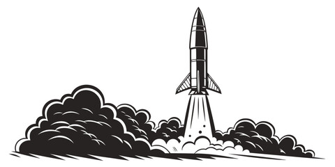 Black and white graphic of a space rocket launching into the sky with thick plumes of smoke exploration astronomy transportation technology propulsion engineering powerful illustration © Riya