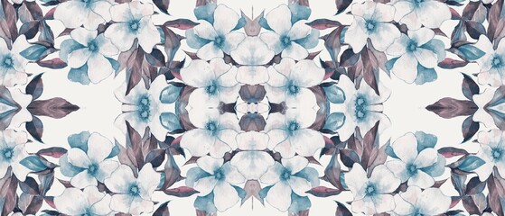 Artistic watercolor illustration featuring a symmetrical pattern of delicate blue flowers and soft dark leaves for beautiful textile designs and elegant wallpaper or creative decorative projects © Arslan