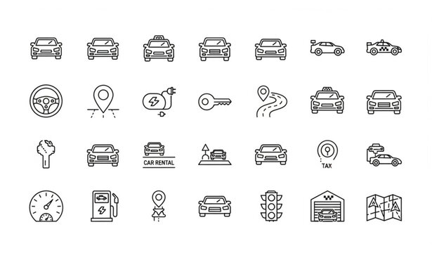 Car line icon collection with vehicle electric taxi race and transportation UI outline vector set
