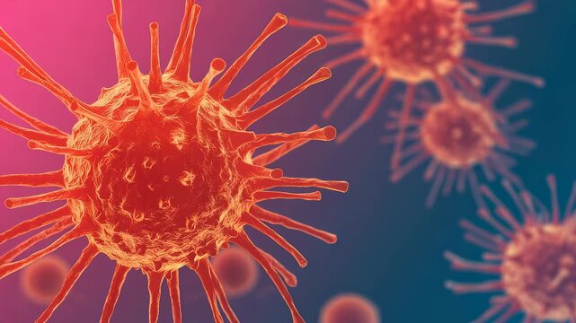 Orange virus cells floating in microscopic space. Floating pathogens and bacteria in human bloodstream. Medical visualization of infectious disease epidemiology.