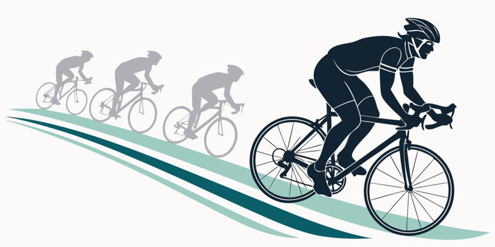Road cycling race graphic with a lead rider and silhouettes of trailing competitors cyclists competition athletes training illustration performance endurance exercise lifestyle