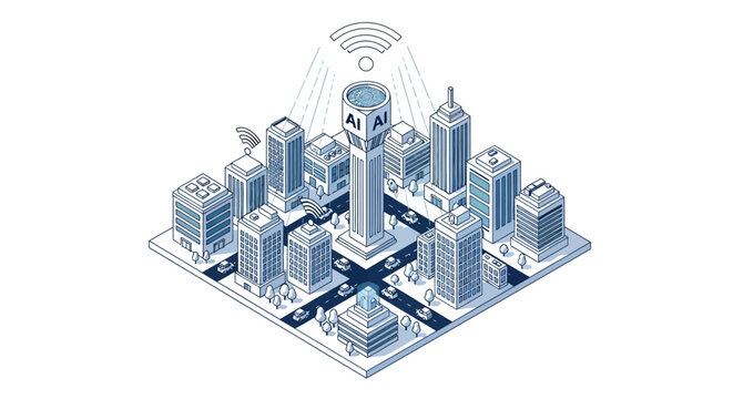 Isometric Smart City Illustration with AI Control Tower, IoT Wireless Connectivity, and Urban Data Network