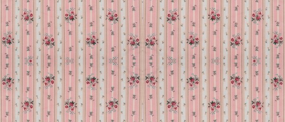 Charming vintage floral pattern featuring delicate pink roses and intricate small blue flowers against a backdrop of vertical stripes in soft pastel shades, perfect for textile design. © Arslan