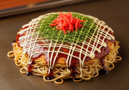 Okonomiyaki with yakisoba noodles topped with mayonnaise and ginger