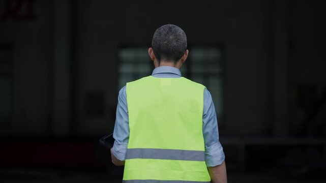 A middle-aged male worker wearing a fluorescent yellow safety vest viewed from behind in an industrial facility